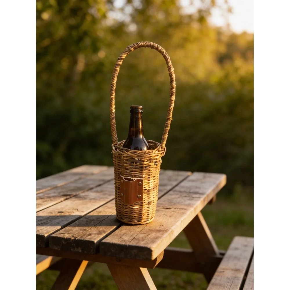 Vintage Woven Wicker Wine Bottle Basket Carrier with Handle Brown 17x5x5